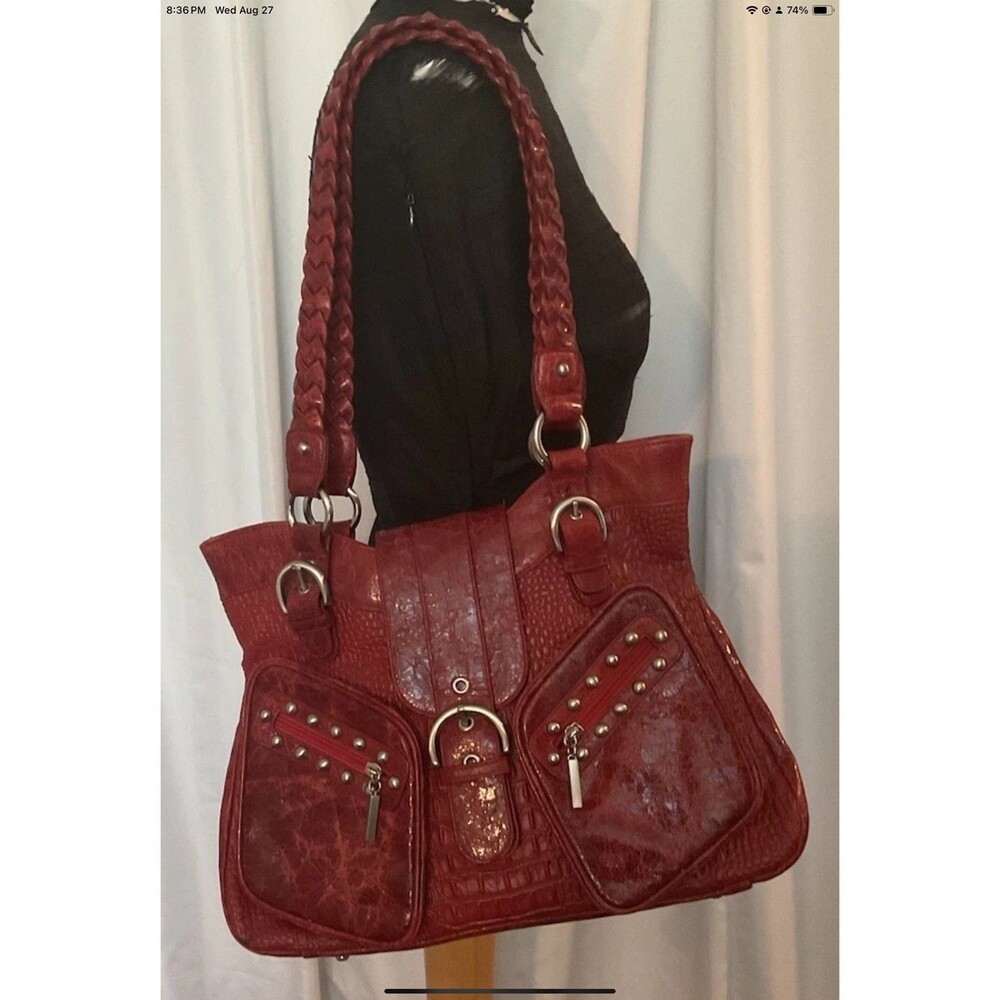 The Find Red Leather Alligator Studded Shoulder Purse Double Handles **READ**